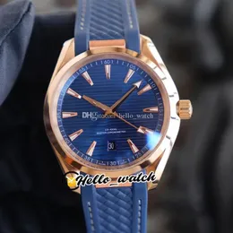 41mm Date Aqua Terra 150m 220 52 41 21 03 001 Automatic Mens Watch Blue Texture Dial And Hands Rose Gold Case Rubber Strap Gent Wa274R