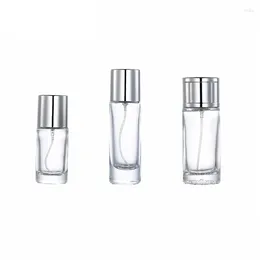 Garrafas de armazenamento perfume de vidro de embalagem transparente 20ml 30ml 50ml 10pcs forma redonda Parfum Silver Spray Bomba Recarregável Cosmético frascos de névoa