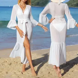 Strand täcker för kvinnor klänning 2024 bikini set baddräkt chiffong flytande långärmad solid spandex tunic tunics baduttag