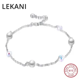 Lekani -kristaller från Österrike Real 925 Sterling Silver Beads Chain Anklets For Women Pearls Armband Sandal Foot Jewelry 240419