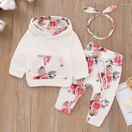 Kleidungssets 6M-4T Kinder Kind Baby Mädchen Mit Kapuze Langarm Druck Pullover Tops Trainingsanzug Blumen Hosen Haarband Outfit Set