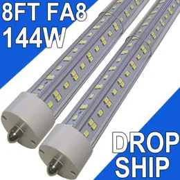 Luz de tubo LED T8 T10 / T12 8FT, base FA8 de pino único, 144W 6500K branco luz do dia, lâmpada fluorescente LED em forma de V de 270 graus (equiv. 300W), tampa transparente, poderes de extremidade dupla