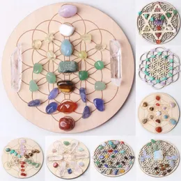 Decorative Figurines Natural Mixed Crystal Stone Altar Array Round Wood Healing Feng Shui Decoration (10cm)