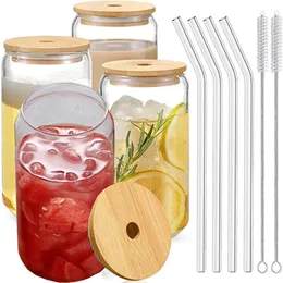 Glass Cup Bamboo Lid Bubble Tea Transparent Cold Drinking Coffee Mug Wine Milk Tea Cup Glass Straw Drinkware Durable 4/6pcs 240130