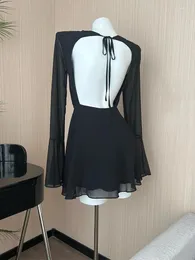 Casual Dresses Vintage Black Gothic Extreme Mini Dress O-Neck Mesh See Through Sleeves Flare Sleeve Backless Bandage High Waist Tight