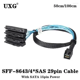 Cabos de computador SAS SATA SFF-8643 a 4 SFF-8482 Interno Mini HD 29 pinos Conector com porta de alimentação de 15 pinos Cabo 12 GB/S