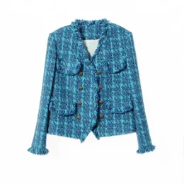 Vintage Blue Tweed Jacket Designer Women Clothing Autumn Winter Coat Blazer Office Lady Korean Chic Fringe Buttons Luxury Coats 240201