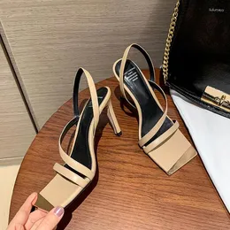 Sandalet şık kare ayak parmağı kadın kayısı deri dar grup yaz ayakkabıları siyah resmi elbise pompaları ince yüksek topuklu bayan sanalias