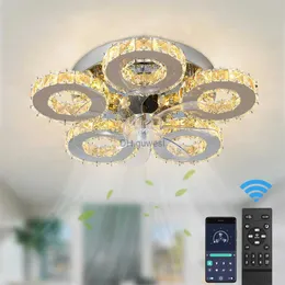 Uzaktan kumandalı modern kristal LED tavan fan lambası, yatak odası ve oturma odası için değişken tavan avizesi, 110V/220V, Uygulama Kontrolü - YQ240201