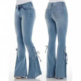 Kadınlar Kotlar Kadın Alevlendi Yüksek Bel Denim Pantolon Vintage Stretch Street Giyim Dantel Yukarı Çan Alt Pantolon Pantolon Elastik Pantolon