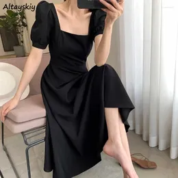 Casual Dresses Dress Women Ins Square Collar Long Black Elegant French Vintage OL High Quality Empire Solid Fashion Short Puff Sleeved