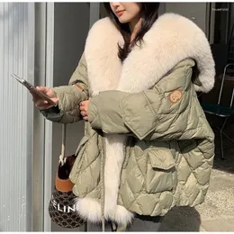 Trench da donna Cappotto invernale da donna di grande lusso con collo in pelliccia di volpe sintetica 2024 Piumino allentato soffice Piumino femminile Parka Capispalla da neve