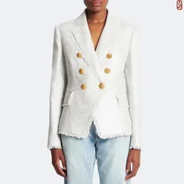 Giacca da abito da donna in tweed alla moda ed elegante con bordo in nappe, bottoni dorati, design di alta qualità - bianco e nero 240201