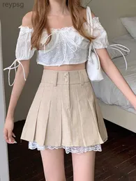 Skirts 2022 Korean Fashion Khaki Short Skirt Lace Trim Cute Pleated Skirts Womens Preppy Style Button Up High Waist Summer Mini Skirt YQ240201