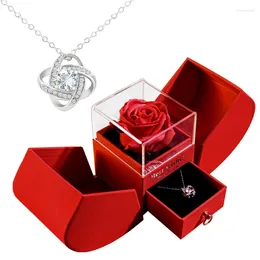 Flores decorativas para sempre sabão rosa maçã caixa de presente/w pingente de cristal colar flor eterna conjunto de jóias aniversário de casamento para namorada