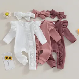 Primavera Autunno Bambino Tinta unita Pagliaccetto Ragazze Morbido Oneck Manica lunga Tuta arricciata con fiocco Fascia per capelli Abbigliamento per bambini Costume per bambino 240118