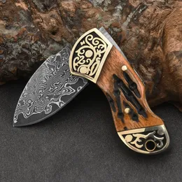 Ny Damascus Pocket Folding Knife Point Blade Cow Bone med mässing Huvudhandtag Små EDC -mappknivar Bästa gåva