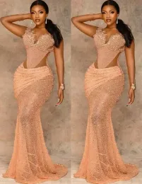 플러스 사이즈 아랍어 ASO ASO EBI Mermaid Gold Lace Prom Dreess Sheer Neck Beaded Evening Formal Party Second Reception Gowns Dress BC18034
