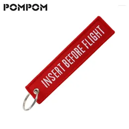 Keychains POMPOM Insert Before Flight KeyChain For Motorcycles And Cars Embroidery OEM Red Keychian Size13x2.8cm Key Tag Llaveros Jewelry