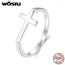 Cluster Anéis Wostu Real 925 Sterling Silver Simples Cruz Anel de Dedo para Mulheres Desgaste Diário Guarda Feminino Jóias Presente Daugther Família