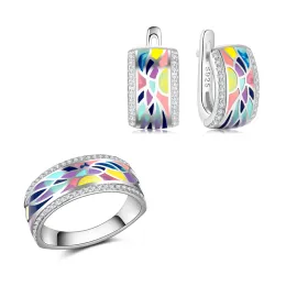 Anéis Ogulee Hight Quality Sier Sier colorido Conjuntos de jóias de esmalte para mulheres anel de zircão Jóias finas de casamento