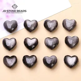Loose Gemstones 1 Pc Natural Stone Silver Flash Black Obsidian Heart Shape Bead With Hole For Jewelry Making Diy Bracelet Necklace Accessory