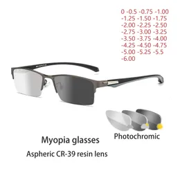 Sun Pochromic Myopia Eyeglasses光学男性の学生は近視眼鏡処方メガネフレームハーフリム-1.0 -4.0 240201