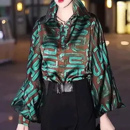 Женские блузки 2024, модная ранняя весна с принтом, воротник-поло, однобортная пригородная корейская версия, шифоновая рубашка с рукавами-фонариками