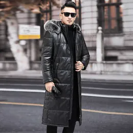 Piumino in pelle super lungo sopra il ginocchio Cappotto da uomo in pecora Giacca a vento con cappuccio Collo in pelliccia addensato Moda invernale HLN5