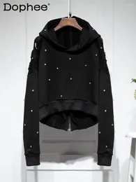 Women's Hoodies Streetwear Raw Hem Ripped Rhinestone Hooded Sweatshirt Short Coat For Women Autumn Black Two Sides Wear Loose Zip Hoodie Top