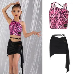 Stage Wear 2024 Children'S Latin Dance Competition Clothes Girls Pink Leopard Top Skirts Chacha Rumba Costume SL8174