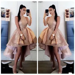 Bling Bling Pulinler Gül Altın Yüksek Boyun Prom Elbiseleri 2021 Seksi Kısa Ön Arka Arka Kolsuz Parti Gece Elbise Vestido275a