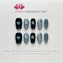 Handmade Coreia Azul Imprensa Em Unhas Bonito Reutilizável Decoração Falso Prego Cobertura Completa Artificial Manicure Wearable Laranja Loja de Unhas 240201