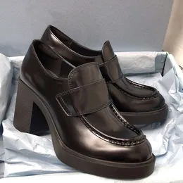 mocassins mulheres sapatos de salto alto sapatos de salto grosso sapatos de couro escovado monólito mocassins triângulo preto branco com caixa 521