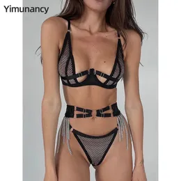 Yimunancy Mesh-Erotik-Set für Damen, Gothic-Stil, schwarz, mit Kette verziert, kurze Dessous 240127