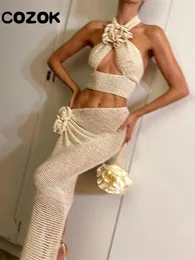 Arbeitskleider 2024 Elegantes gestricktes zweiteiliges Rock-Set für Frauen mit Blumenmuster, Neckholder-Crop-Tops und passendem Maxi-Sexy-Party-Club-Kleid