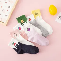 Women Socks Amorn Japanese Korea Kawaii Girls Cartoon Peach Avocado Strawberry Grape Casual Sweet Lady Basic Daily Sox