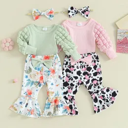 Kleidungssets für geborene Babys, Herbst-Outfit, langärmeliger Strampler mit Kuh-Blumendruck, Schlaghose und Bogen-Stirnband