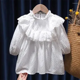 Mädchen Kleider Mädchen Kleid Frühling Herbst 2024 Ohr Kragen Solide Aushöhlen Koreanische Version Mittellange Lange Ärmeln Prinzessin