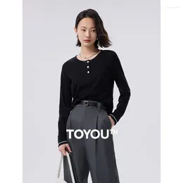 レディースTシャツTOYOUTH WOMEN TEES2024秋の長袖ボタン付きスリムフィットTシャツプリーツウエストデザインファッションカジュアル