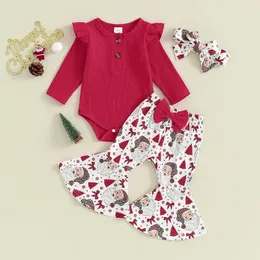 Conjuntos de roupas CitgeeAutumn Natal Infantil Bebê Meninas Calças Vermelho Manga Longa Ruffle Romper Santa Impressão Flared Headband Xmas