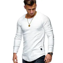 Manga de cor sólida plissada remendo detalhe manga longa camiseta masculina primavera casual topos pullovers moda magro básico topos 240119