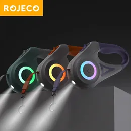 ROJECO 5M Retractable Dog Leash Automatic LED Light Luminous Roulette Leash Rope For Dogs Adjustable Pets Dog Walk Running Leads 240124