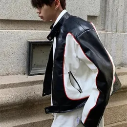 American Retro Leather Jackets 남성 여성 대조 색상 유행 커플 기능성 레이싱 코트 Highend High Street 240130