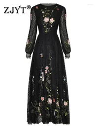 الفساتين غير الرسمية Zjyt Runway Floral Ploral Maxi Lace for Black Elegant Party Party Bongy 2024 Long Sexy Sexy Vestidos Fiesta