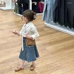 Kleidung Sets 2024 Kinder Mädchen Koreanische Frühling Herbst Kleidung Set Baumwolle Lose Denim Röcke Anzug Drehen Unten Kragen Hemd Kinder outfit