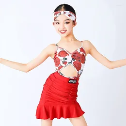 Stage Wear Child Latin Dance Performance Costumes Girls Sleeveless Top Red Skirt Kids Competition Ballroom Dancing Clothes SL9716