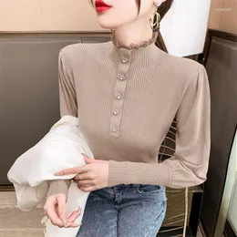 Women's T Shirts 2024 Winter Lantern Show Thin Lace Half Sleeve Turtleneck Render Unlined Upper Garment Sweater Long-sleeved T-shirt