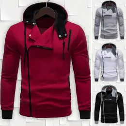 Erkek Hoodies Diagonal Fermuar Kapüşonlu Sweatshirt Şık asimetrik, eğik elastik manşet çizgisi