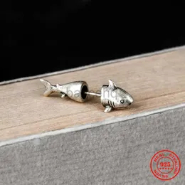 Stud MKENDN 100% 925 Sterling Silver Creative Retro Shark Stud Earring Trendy Ocean Punk Style Ear Pin For Men Women Fine Jewelry zln240201